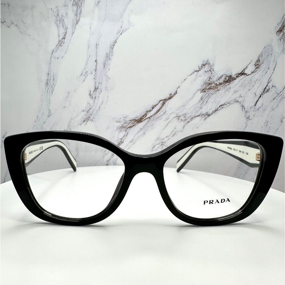 New PRADA Eyeglasses Cat Eye Black White Gold 53-17-140 Womens - Picture 2 of 16